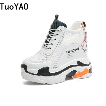 

New Women Sneakers Mesh Casual Platform Trainers White Shoes 12CM Heels Summer Wedges Breathable Woman Height Increasing Shoes