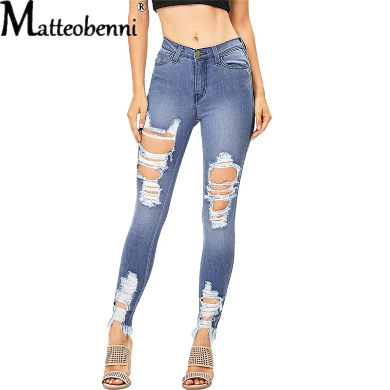 Fashion Ripped Elasticity Tight Thin Jeans Women Sexy Slim High Waist Denim Pencil Pants Ladies Casual Street Hipster Trousers women jeans 2023 summer fashion hollow out cross strap bandage denim pencil pants ladies mid waist sexy lace up hole tight jeans