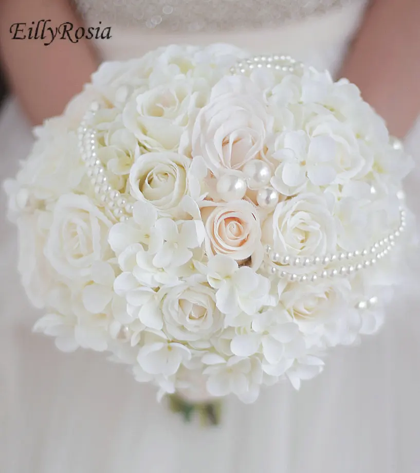 Elegant Cream White Bridal Bouquet Wedding Flowers Pearls Round Simple Beautiful Fake Flowers for Bridesmaid Wedding Accessories