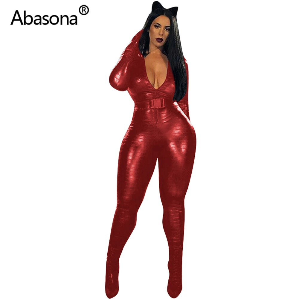 Фуксия Abasona, Осенний женский зимний Облегающий комбинезон из искусственной кожи с длинным рукавом, женские комбинезоны, длинные штаны, вечерние комбинезоны для ночного клуба - Цвет: Фуксия