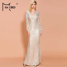 Missord, сексуальное платье с v-образным вырезом, длинным рукавом, с блестками, облегающее платье, элегантное, макси, вечерние платья, FT20032-2