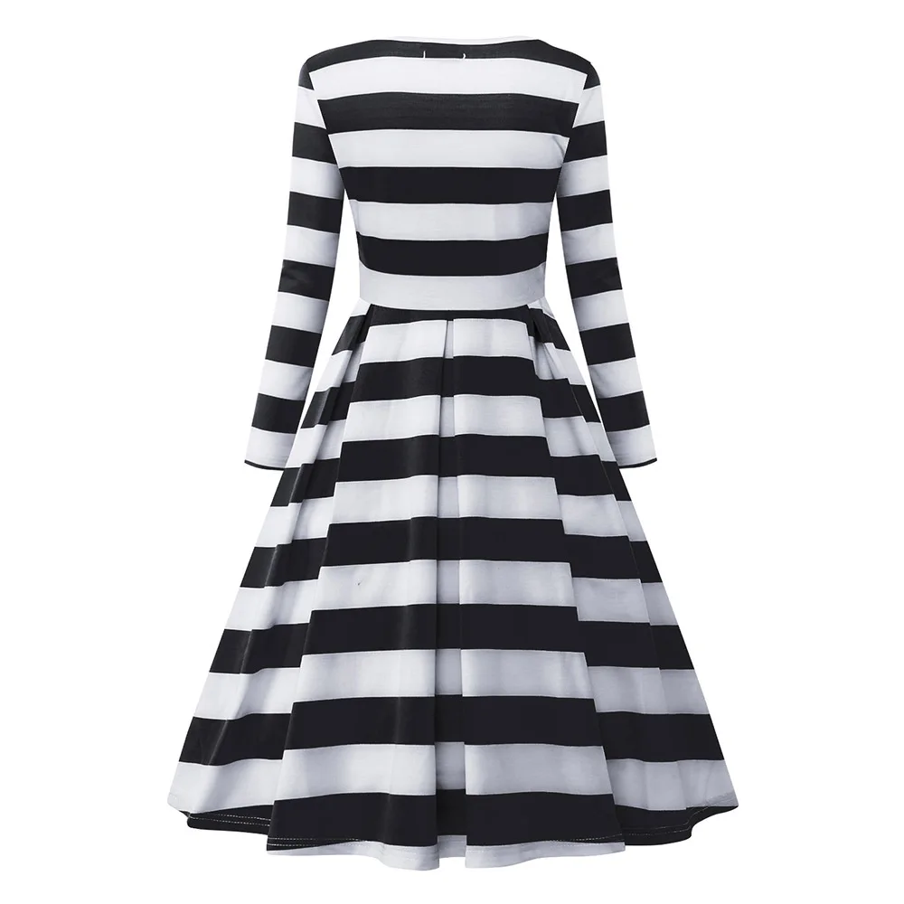 

2019 Spring Amazon New Style Hoodie Big Skirt Casual Fashion Pleated Long-Sleeve Contrasting Color Striped Dress