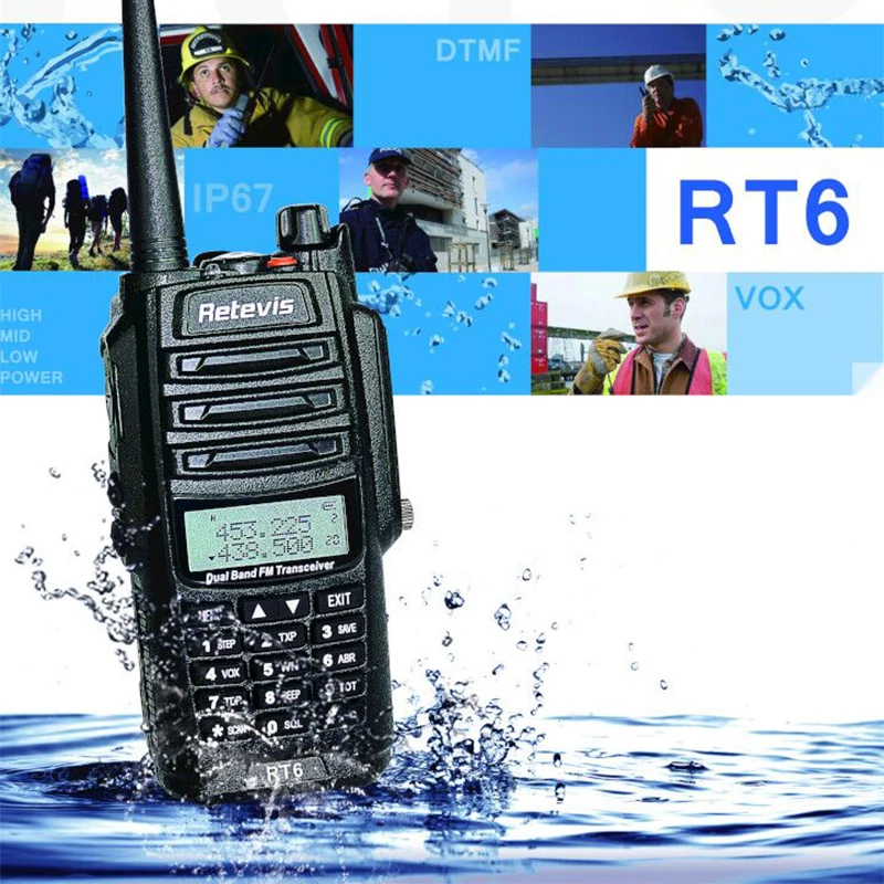 

Retevis RT6 Waterproof Walkie Talkie IP67 5W 128CH Dual Band VHF UHF Radio VOX FM LCD Display Portable Walk Talk Walkie-Talkie