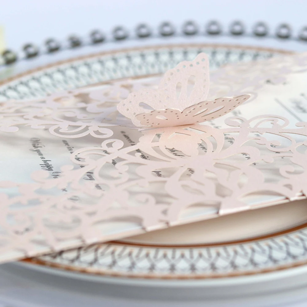  10pcs Cover + Inner Page + Envelope Paper Butterfly Cut Wedding Invitation Card With Ribbon Persona - 4000268571955