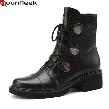 

MoonMeek 2020 New hot sale women boots genuine leather comfortable ladies shoes fashion lace up black color ankle boots