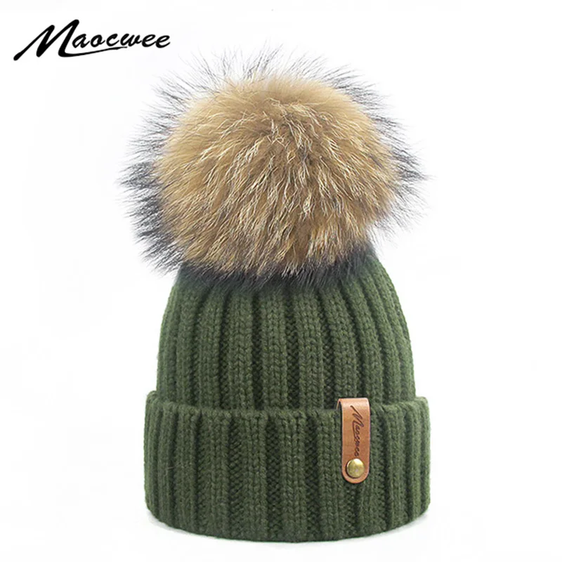 Женские шапки с помпоном из натурального меха зимние вязаные хлопковые белого и