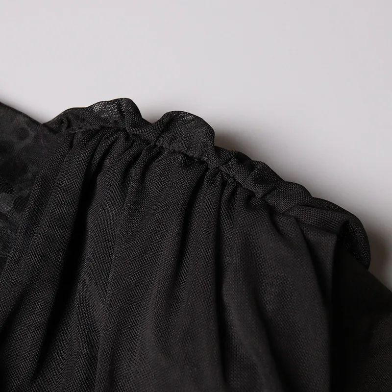 Весеннее сексуальное черное Сетчатое платье в горошек для женщин элегантное ДРАПИРОВАННОЕ мини-платье трапециевидной формы с длинным рукавом