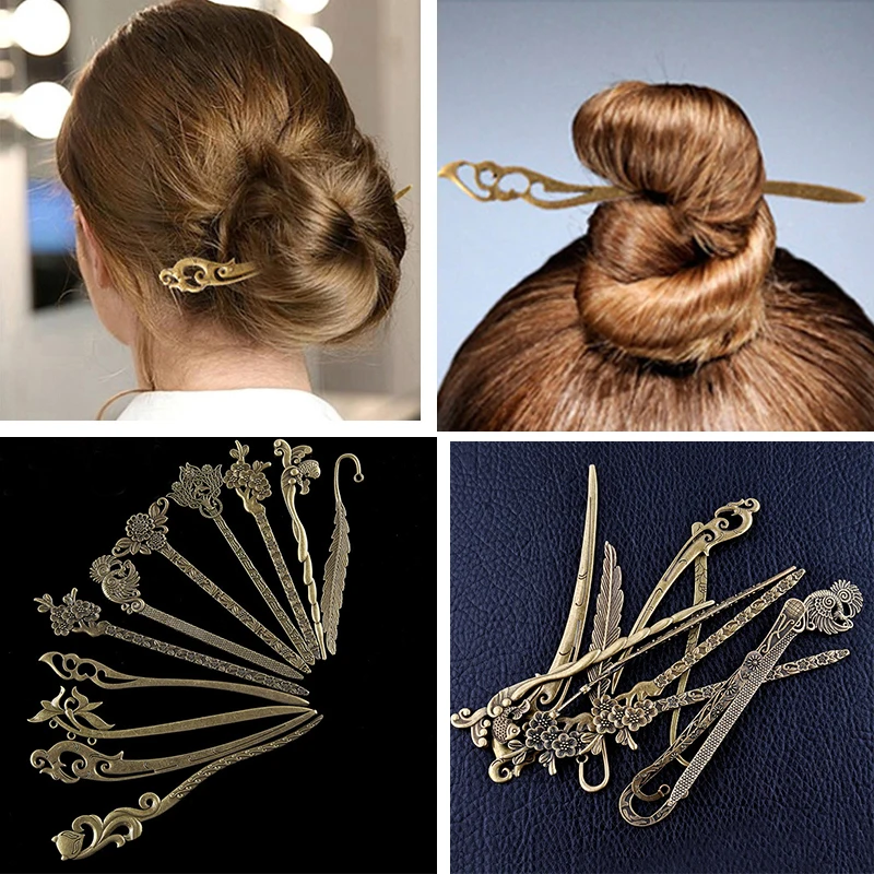 Vintage Chinese Traditional Hair Sticks Bronze costume Hair Clip Carved Alloy Chinese style Disk Hairpins accessories Women