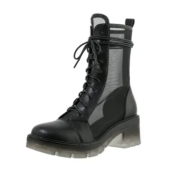 

2020 Newest summer mesh Ladies Boots Genuine Leather Lace Up Thick High Heels Pumps Party Office Shoes Woman size 41 42 43