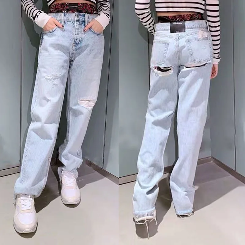 

2020 Spring Summer Women Shredded Fake Two Straight Denim Trousers Hole Light Blue Shredded Jeans A2