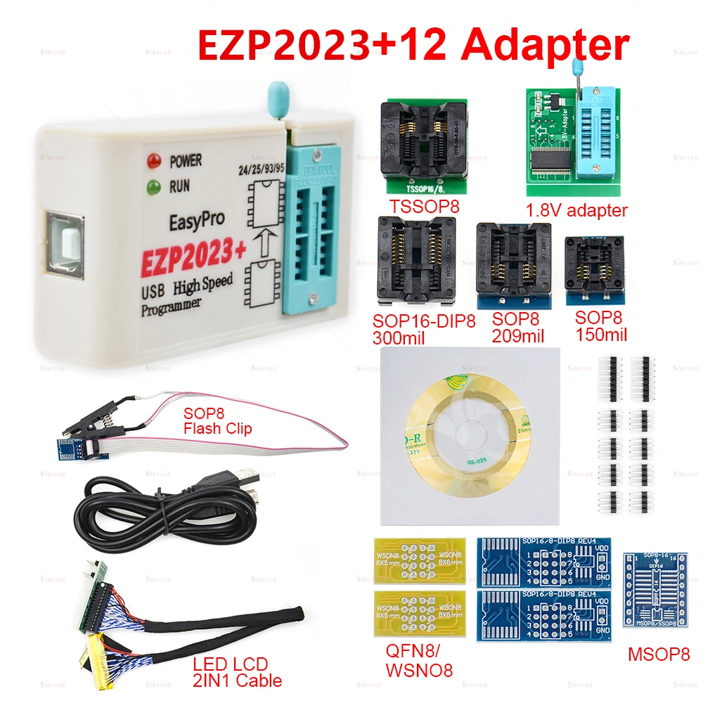 

EZP2023 USB SPI Programmer Full Set with 15 Adapter Test Clip Sop8/16 Support 24 25 93 95 EEPROM Flash Bios Minipro Programmer