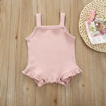 

Pudcoco Newborn Baby Girl Clothes Solid Color Sling Ruffle Knitted Cotton Romper Jumpsuit One-Piece Outfit Baby Girl Romper Set