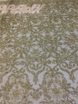 

Gold Lace Material Hot Glued Glitter African Fabric For Evening Dress Dry Lace Fabric Mesh Sequin Fabric