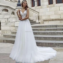 Иллюзия V шеи Кружева Аппликации Линия Свадебные платья с открытыми плечами без рукавов свадебное платье длиной до пола платье для невесты без спинки