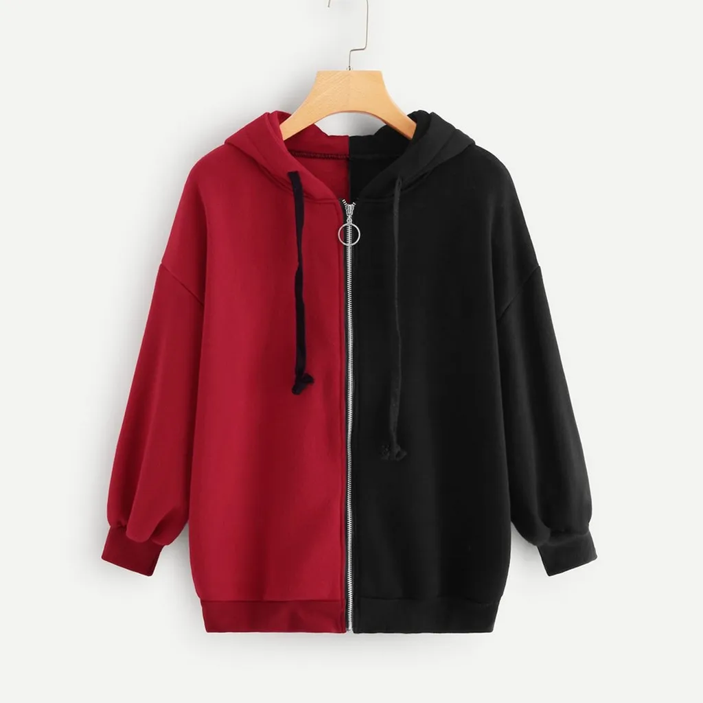 

Women Windbreaker Jacket Female Multicolor Patchwork Hooded Basic Jackets Colorblock Long Sleeve Zipper And Pocket Hooded Coat