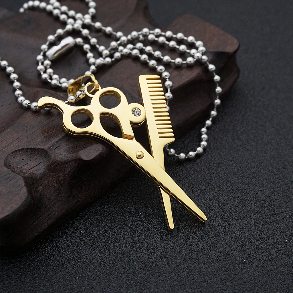 Hair Stylist Scissors and Comb Crystal Charm Stainless Steel Pendant Necklace 19.6 inch Chain