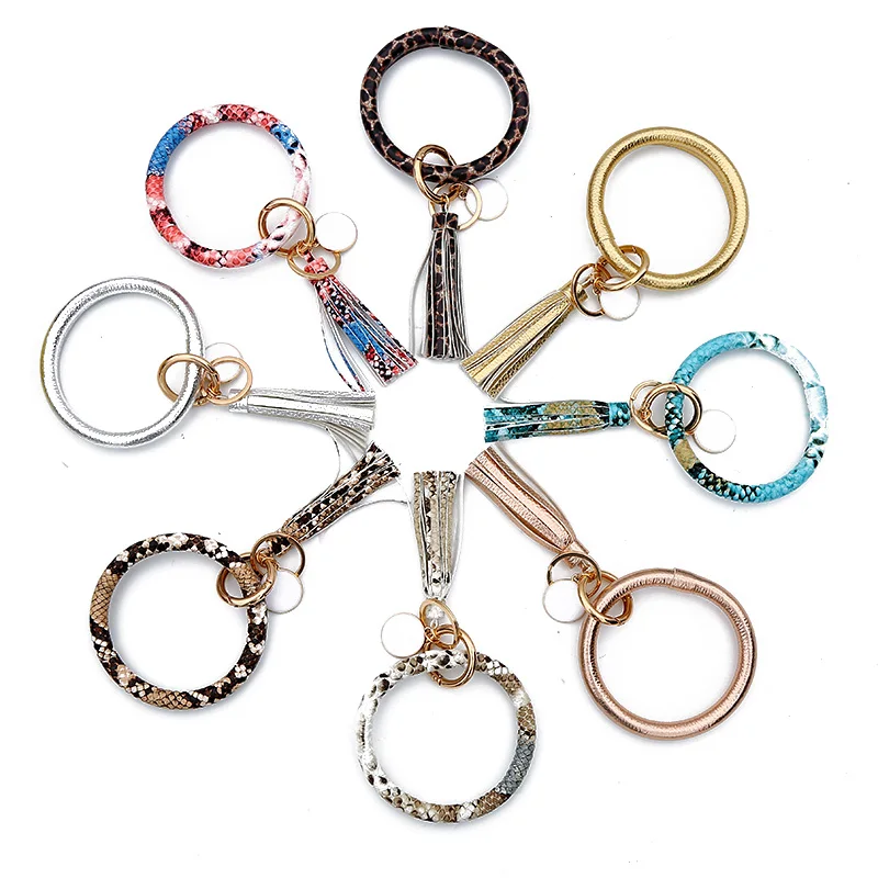 

New Fashion Multiful Tassel Keychain Enamel PU Leather O Key Chain Monogram Circle Wristlet Keychain For Women Girls