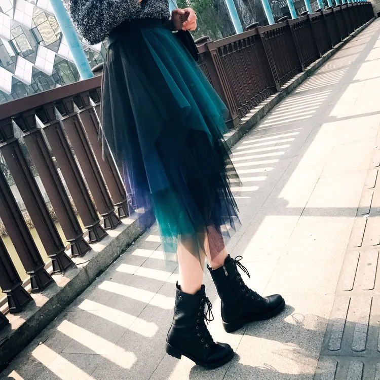 Асимметричная Тюлевая юбка Осенняя Корейская стильная модная разноцветная многослойная Женская юбка синяя сетчатая юбка длинная