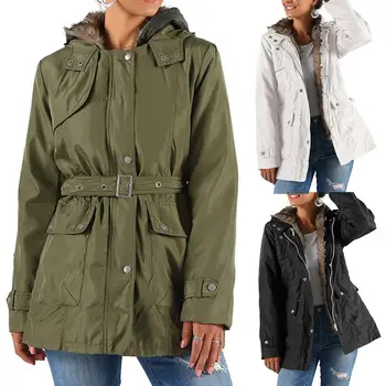 

Women Winter Detachable Faux Fur Lining Hooded Waistband Cotton Jacket Warm Coat Dropshipping пальто женское veste cuir femme