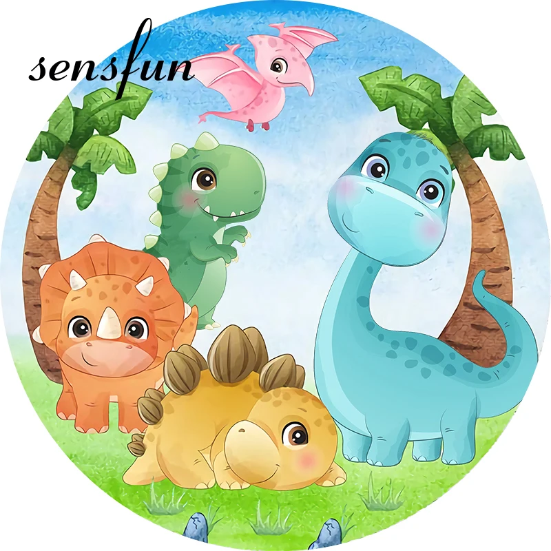 Sensfun Cute Cartoon Dinosaur Party Round Backdrop Cover Kids 1st BirthdayCircle Photography Background Plinth Covers Custom Photo Backdrop
