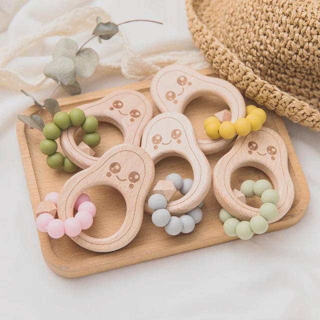 1pc Baby Teether Wooden Avocado Beads Nursing Bracelet BPA Free Silicone Crib Rattle Teething Beads Baby Rattles Nurse Gifts Toy 3