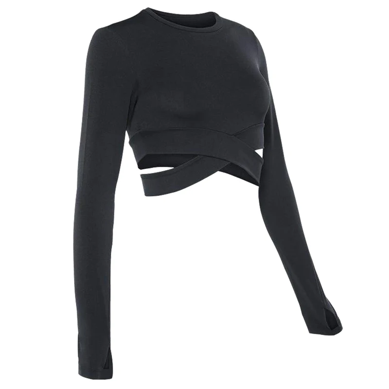 Women Long Sleeve Running Shirts Solid Sports Shirts Sexy Exposed Navel Yoga T-shirts Quick Dry Fitness Gym Crop Tops Sport Wear
