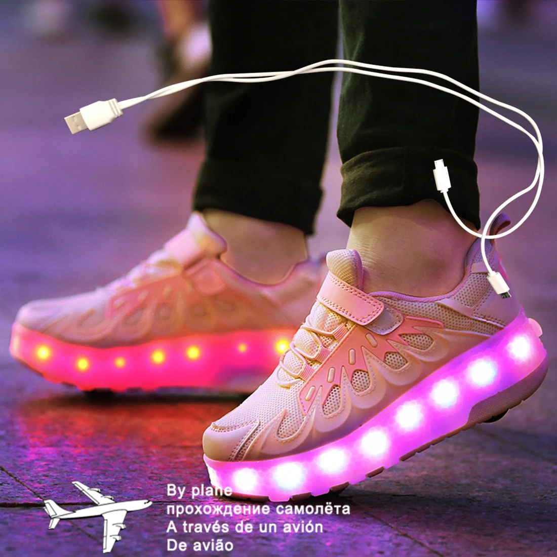 debajo árabe seguro Zapatillas luminosas para niños y adultos, zapatos de Patinaje con ruedas  dobles o de dos ruedas, con carga USB, color rosa|Zapatillas deportivas| -  AliExpress