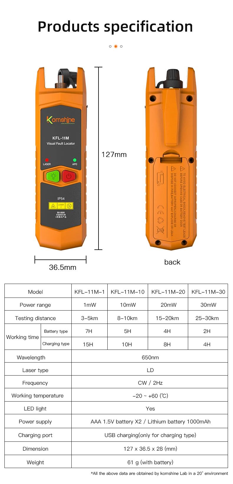 optical multimeter 1/10/20/30mw KFL-11M  5/10/20/30km Mini Visual Fault Locator Testing Distance is up to 30km   With Back Clip Design, LED ftth fast connector