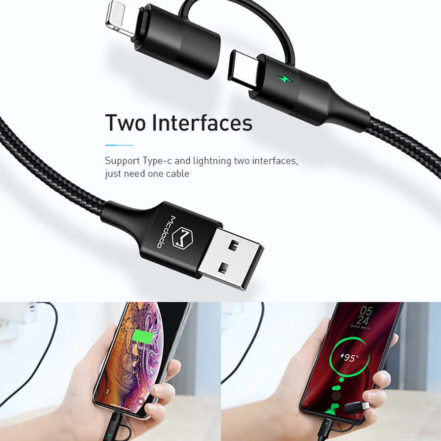 Mcdodo 2 в 1 ios type C кабель для samsung Galaxy huawei Xiaomi type-C зарядный кабель для iphone 11 pro xs max x 7 8 Plus