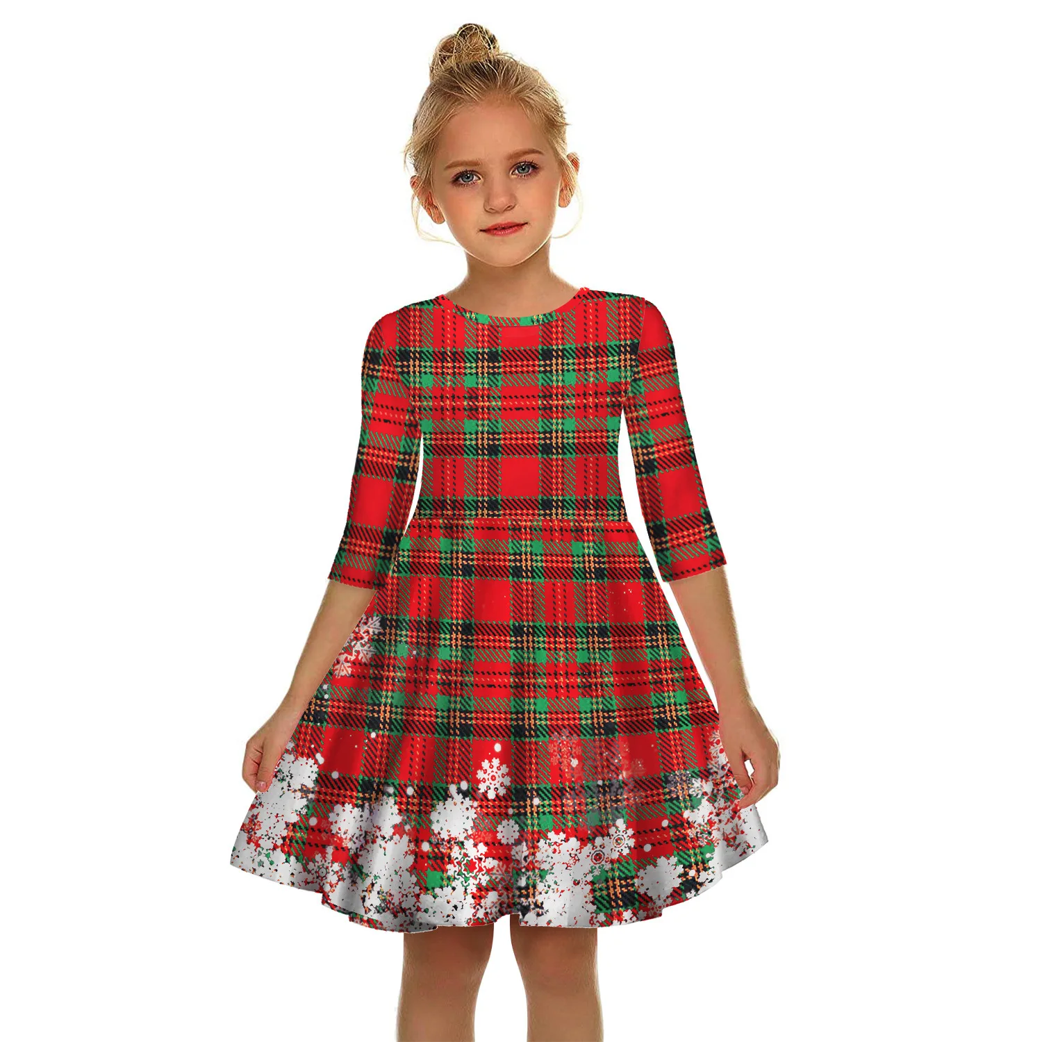 

Kids Christmas Dress Girl's Dress Plaid Snowflake Christmas Digital Print Girl's Dress Middle Sleeve Summer Princess Party