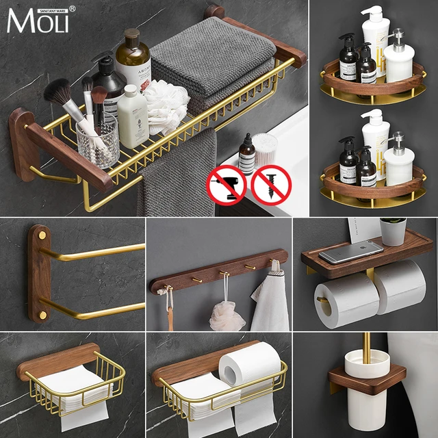 Juego de accesorios de baño de madera y cobre, toallero, soporte