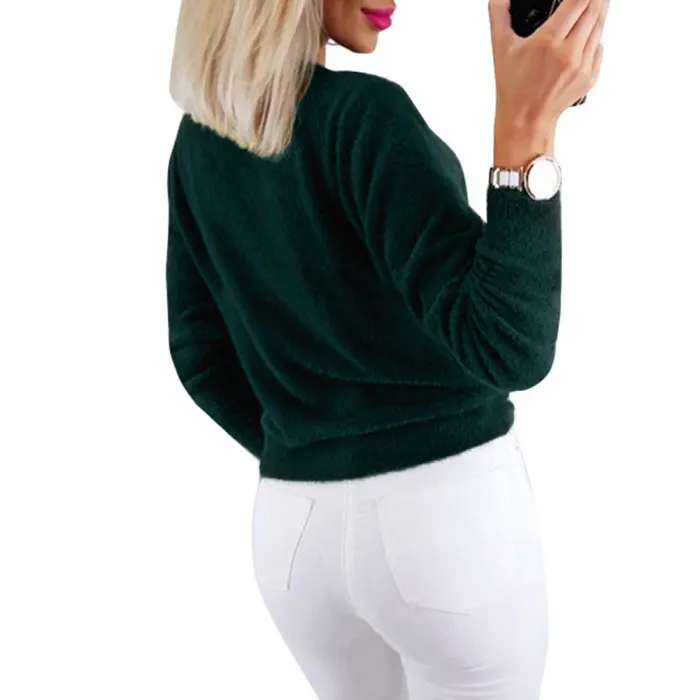 Women Casual Solid Plush Sweatshirt Twist Knot Slim Short Tops Autumn Blouse NGD88