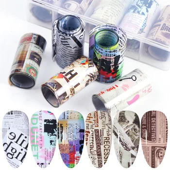 

10Roll Newspapers Nail Decals Transfer Foil Set Flower Characters Paper Starry Sticker Glue Nail Art Design Stripe Wraps LAXKH86