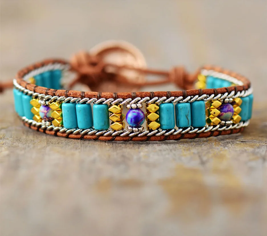 

Latest Bohemian Wrap Bracelet Turquoises Chain Weaving Statement Wristband Bracelet Teengirls Jewelry Gifts for Women