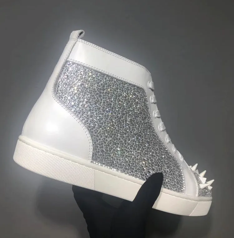 Босоножки на высоком каблуке Blingbling, блестящие, хрустальные стразы с шипами и заклепками декор с высоким берцем Мужская обувь Черный Звездное с красной подошвой стильный Обувь для пары
