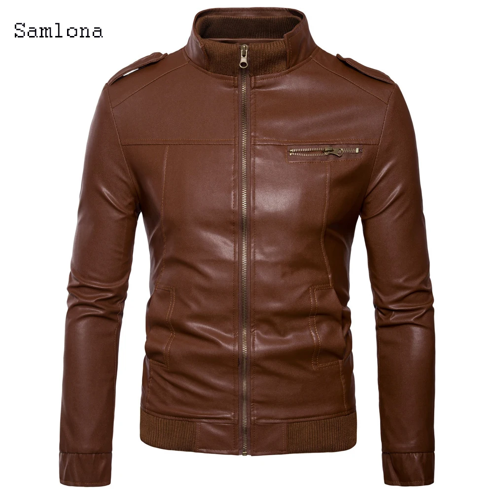 brown biker jacket 2020 Faux Pu Leather Jackets Men Autumn Long Sleeve Outerwear Coats Slim Biker Jacket Solid Color Zipper Winter Clothing Mens leather racer jacket