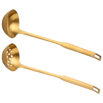 

2 Pieces Gold Metal Soup Ladle Colander Set, Long Handle Stainless Steel Kitchenware Cookware Serving Spoon Cooking Utensil for