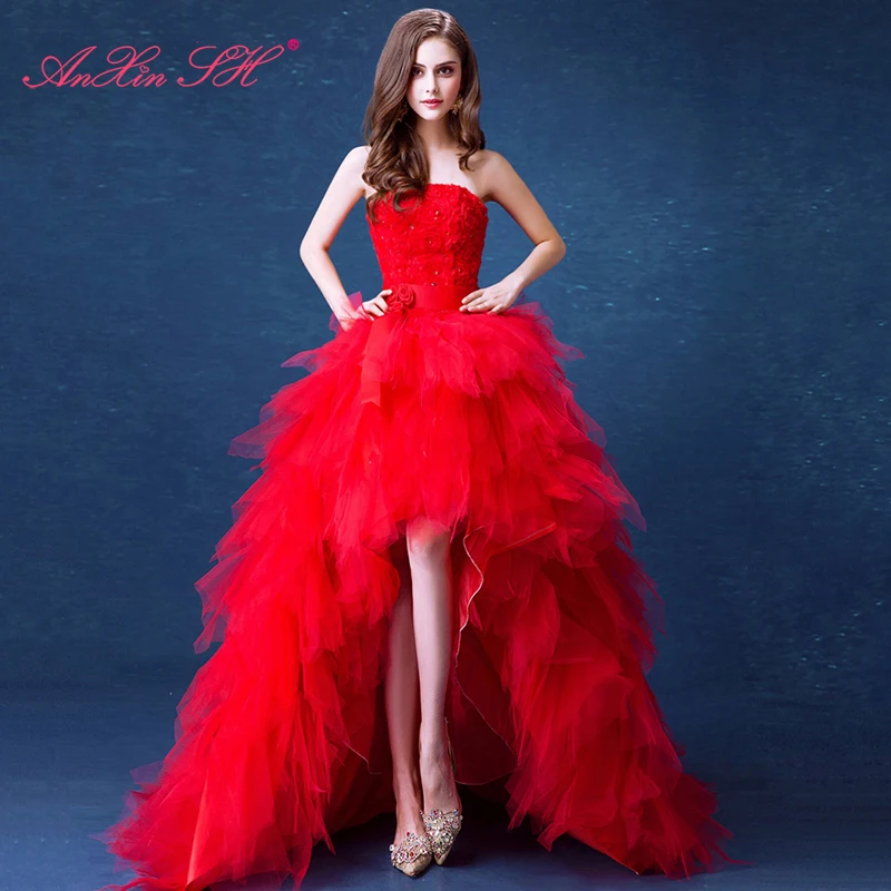 AnXin SH Red rose Lace before long and short tailed bride evening dress dinner toast strapless flower beading 2130 | Свадьбы и