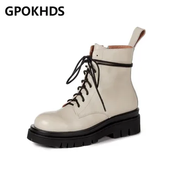 

GPOKHDS 2021 women ankle boots soft Cow leather winter short plush lace up round toe high heels equestrian boots party dress