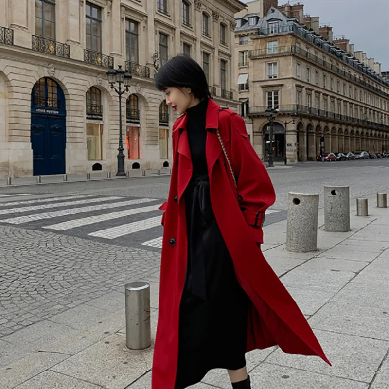 Новинка, корейский длинный Тренч, женское осеннее модное двубортное пальто с поясом, ветровка, верхняя одежда, повседневное/деловое Женское пальто - Цвет: Красный