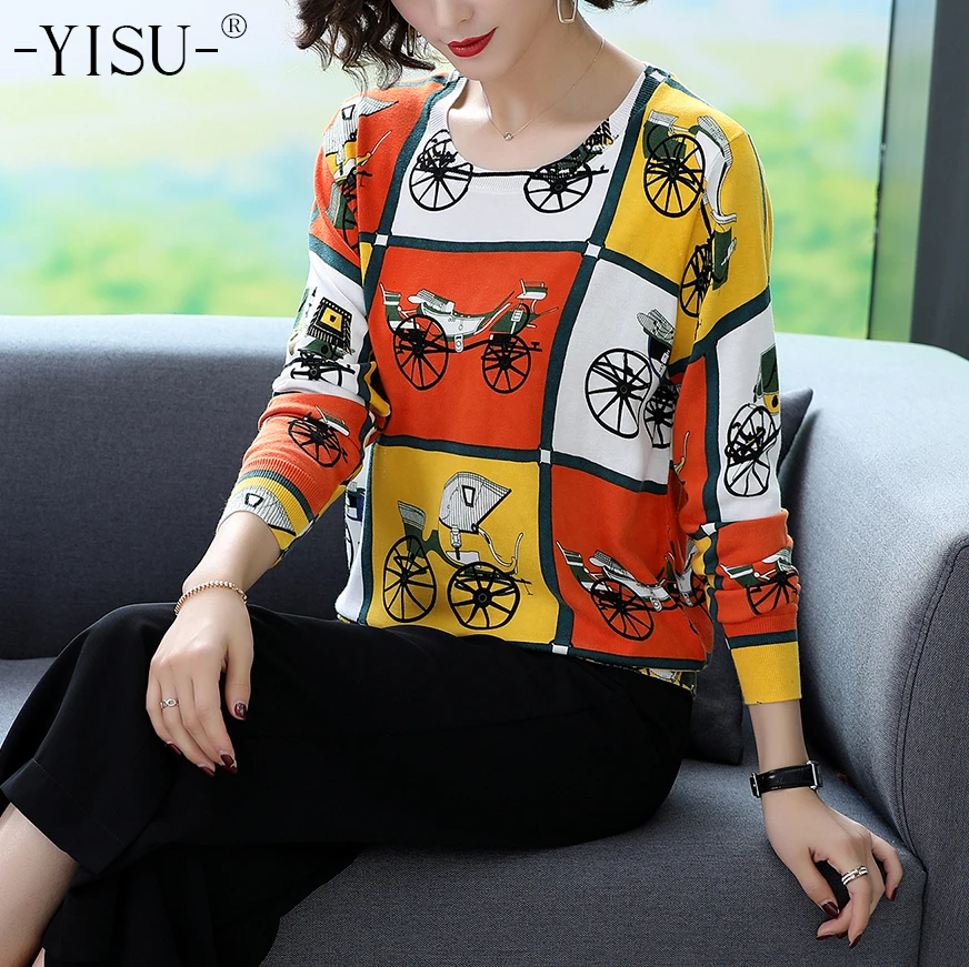 

YISU Fashion Knitted sweaters Women Ladies Carriage print sweater Clothes Warm simple Sweater 2019 autumn pullover Sweater Tops