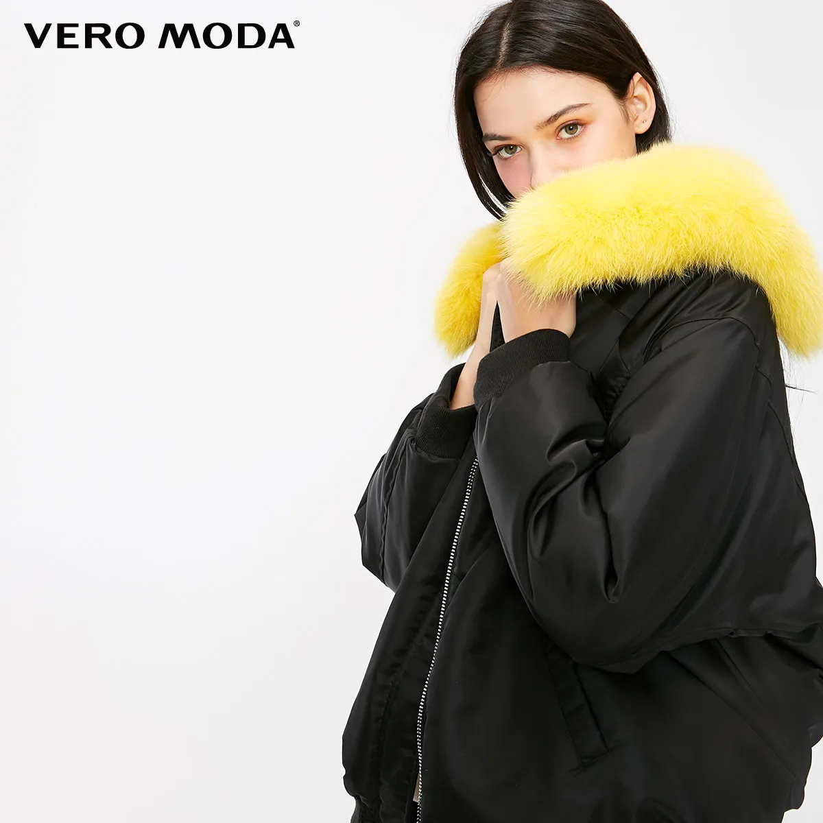 Vero Moda Женский Лисий меховой воротник с большим плечом свободный крой пуховик | 318423519 - Цвет: Black