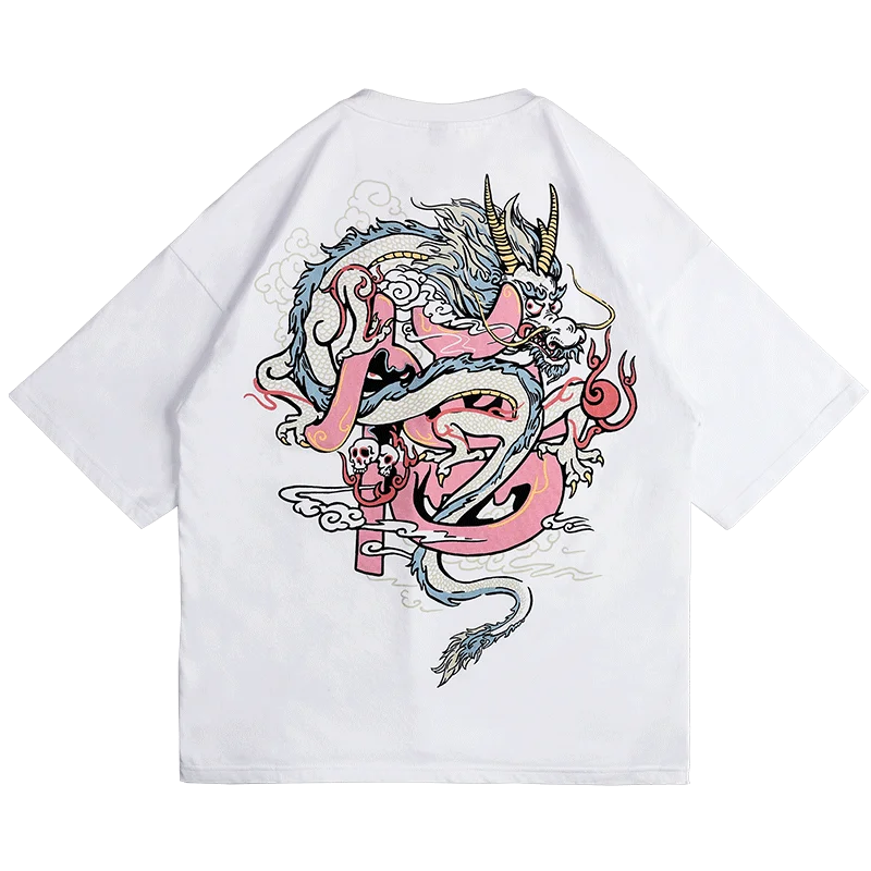 

Wookong Summer 2019 New in White Dragon Printed Cotton T-shirt with Loose Short Sleeves and Loose Shoulders for Men and Women
