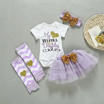 

Baby Girl 4-Pieces Outfit Set Letter and Heart Pattern Romper Mesh Multi-Layer TuTu Skirt Bow Hair Band Ruffle Warmers Set