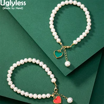 

Uglyless Sweet Heart-shape LOVE Gifts for Girlfriends Natural Pearls Bracelets for Women Enamel Heart Charms Bracelet 925 Silver