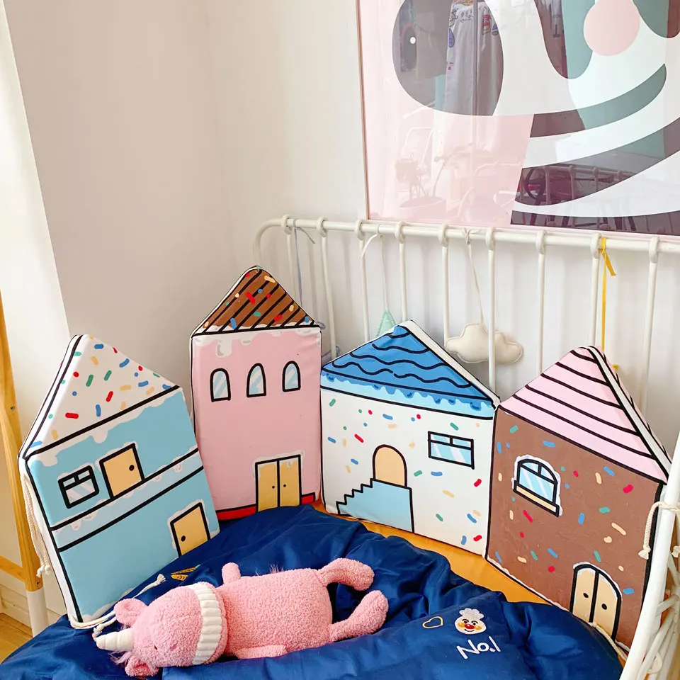 

4 Pcs Baby Bed Bumper Infant Cradle Child Crib Bumpers Comfortable Protect Kids Pillows Bed Fence Cute Cotton Combination House