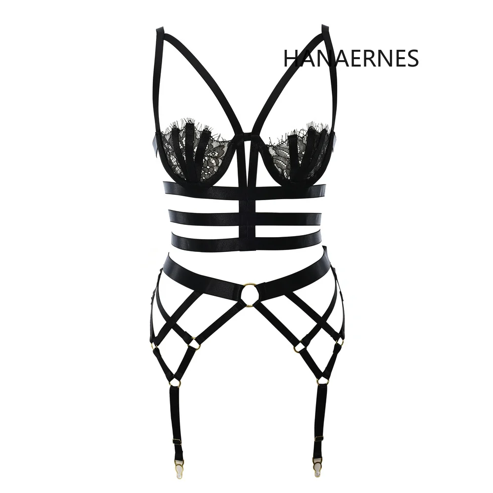 

HANAERNES Harajuku Gothic sexy black lace open chest cage bra crop top bondage nightclub woman sexy suspenders underwear