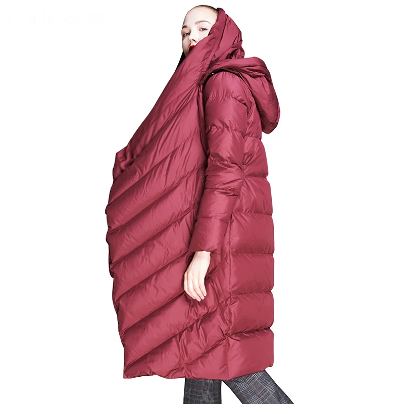 [EAM] простая куртка-пуховик свободного кроя с карманами на утином пуху, новая теплая Женская парка с капюшоном и длинным рукавом, модная осенне-зимняя одежда, 1A369