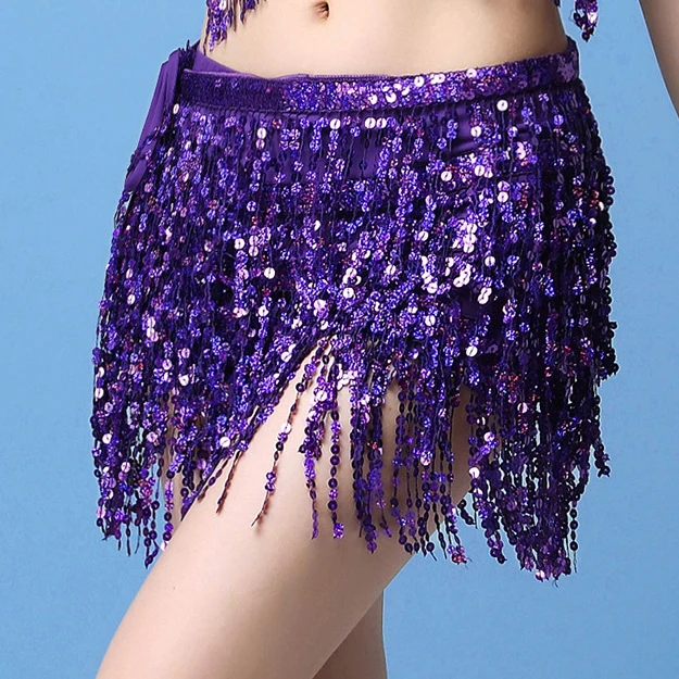 17 Colors Women Bellydance Clothing Accessories Tassel Belts 4 Rows Strips Rectangle Belly Dance Hip Scarf Sequins Fringes Belt Purple