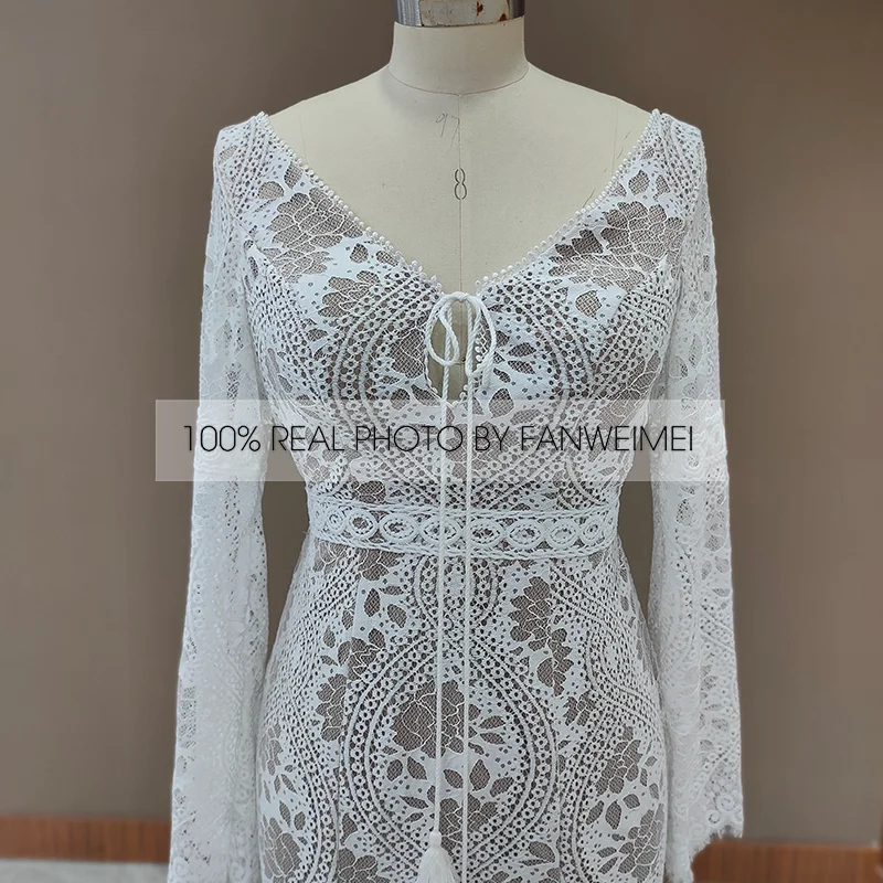 803#2021 New Design Long Lantern Sleeve Empire V-Neck Backless Small Train Beauty Backless Lace Boho Beach Wedding Dresses Women modest wedding dresses